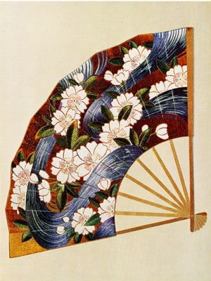 CK82-166BL Noh Fan Screen - Cherry and Flowing Stream-0